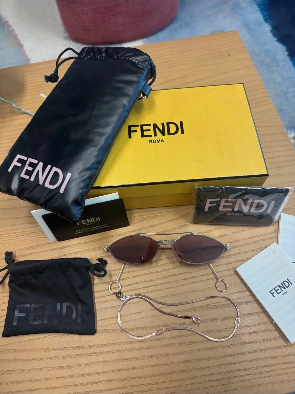 Fendi Rose-Tinted Geometric Metal Sunglasses with Rose Gold Chain - Picture 2 of 11
